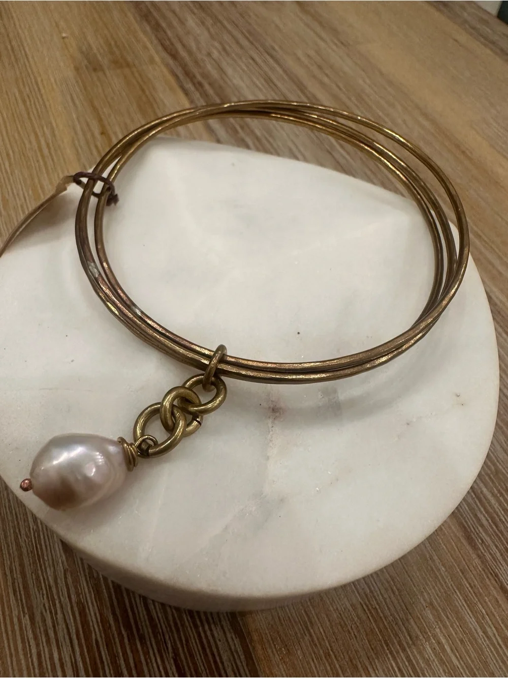 Bronze Multi-Strand Bangle Bracelet with Baroque Freshwater Pearl Dangle Charm